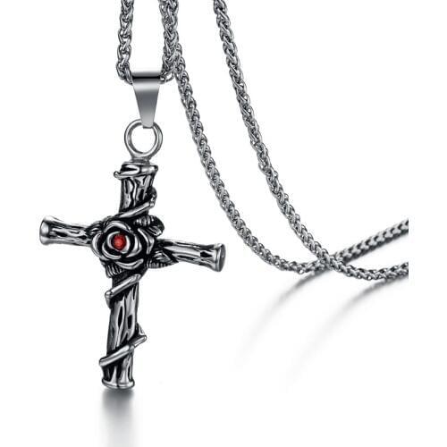 Valily Silver Color Cross Pendants&Necklaces Punk Stainless Steel Rose Flower Cross Necklaces for Men Metal Fashion Jewelry Gift