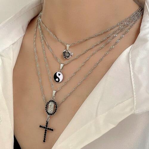 Hip Hop Multilayer Crystal Cross Portrait Long Chain Necklace For Women Yin Yang Heart Pendant Choker Necklaces Fashion Jewelry