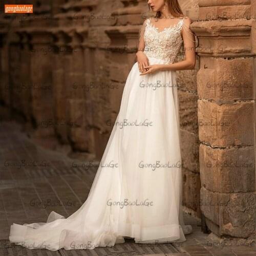 Sexy Ivory Wedding Gowns Boho 2021 robe de mariée Chic Lace Appliques Beading A Line Bride Dresses Slim fit vestido de casamento