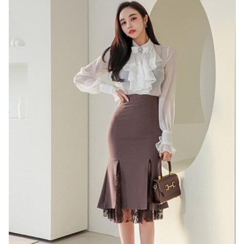 Chic Women 2 Pieces Suit High-End Ruffle Chiffon Shirt + Fashion High Waist Lace Splicing Bag Hip Skirts Elegant Lady Office Set