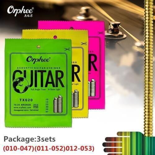 Orphee 010-047/011-052/012-053 Acoustic Guitar Strings Hexagonal core+8% nickel Bronze Bright tone Extra light Accessories 3SETS