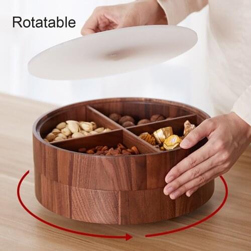Nordic Style Rotatable Round Wooden Divided Storage Box With Cover Moisture Dustproof Solid Wood Container For Snacks Nuts Candy