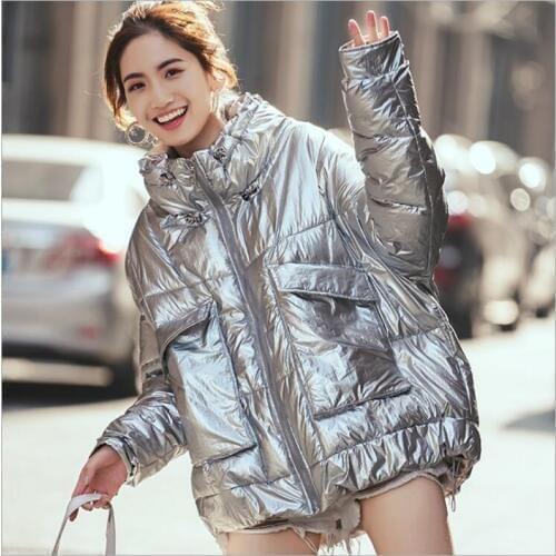 Silver Glossy Jacket Coat Women Winter Warm Cotton Padded female Parkas Autumn Fashion loose short Student coat Outwear Z160