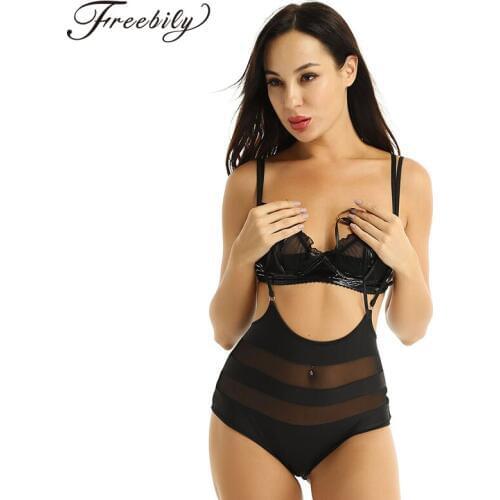 Womens Ladies Sexy Clubwear Pole Dancing Clothes Bodysuit Leotard Splice High Waisted Cheeky Suspender Bottom Rave Booty Shorts