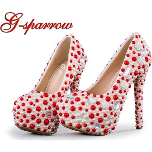 2018 New Designer White and Red Pearl Wedding Party Shoes Gorgeous Women High Heel Platform Shoes Bridal Pumps 2cm Wedge Heel
