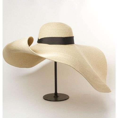 Fashion Super Wide Brim 30CM Straw Hat With Ribbon Women SunHat Summer Beach Hat Anti-UV Sun Protection Foldable Large Cover Cap