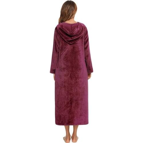Witbuy Winter Flannel Womens Front Zipper Robe Coat with Pocket Warm Bathrobe Hooded Solid Long Sleeve Gown Night Wear Women