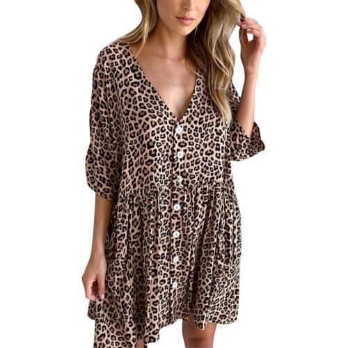 Women Pockets Summer Dress Ladies Casual V Neck Down Swing Mini Dress Half Sleeve Loose Printed Dresses