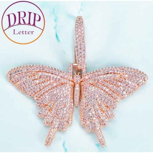 Butterfly Pendant Pink Color Cubic Zircon Womens Hip Hop Animal Necklace Charm Jewelry