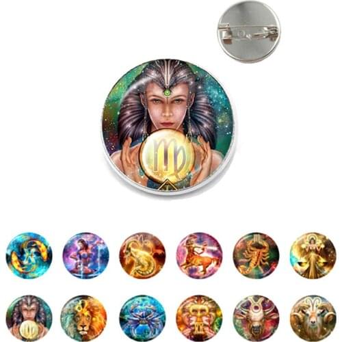 12 Constellations Brooches Zodiac Signs Brooch Pins Glass Cabochon Fashion Jewelry Libra Leo Virgo for Women Birthday Gift