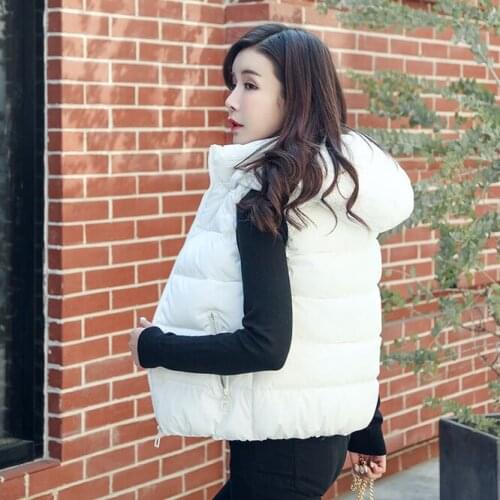 2021 New Plush Womens Autumn Winter Down Cotton Vest With Hat Zipper Girls Leisure Vest Outdoor warm coat White