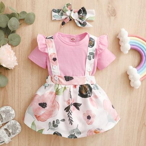 Pudcoco 3 Pieces Kids Clothes Girls, Toddler Solid Color O-Neck Short Sleeve Romper+ Flower Print Suspender Skirt+ Headband