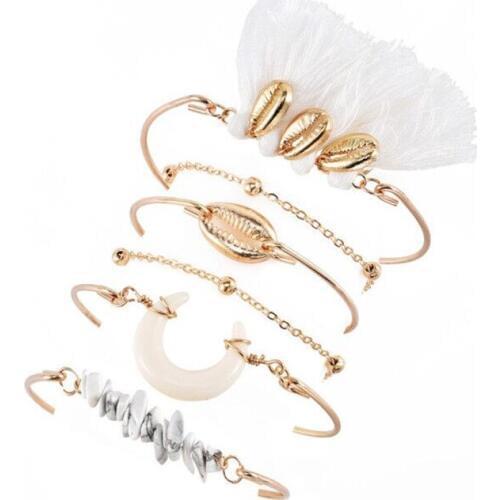 6 Pcs/Set Bohemian Moon Stone Shell Tassel Pendant Gold Chian Multilayer Bracelet Set Women Fashion Beach Party Jewelry Gift