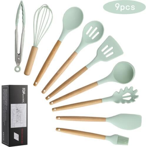 9/10/12PCS Silicone Cooking Utensils Set Non-Stick Spatula Shovel Wooden Handle With Storage Box Kitchen Tool
