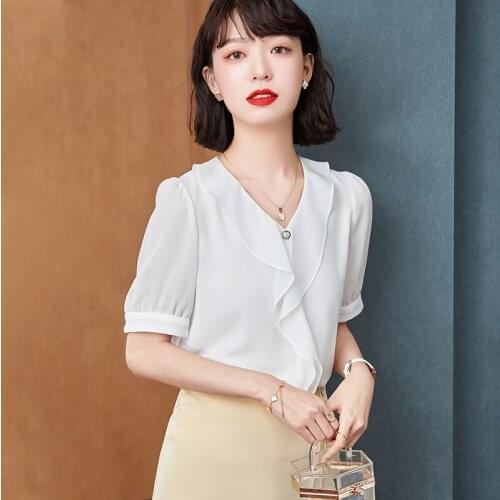 Womens Summer Blouses 2021 Plus Size Tops V Neck Ruffles Print Chiffon Blouse Women Short Sleeve Shirts Ladies Tops