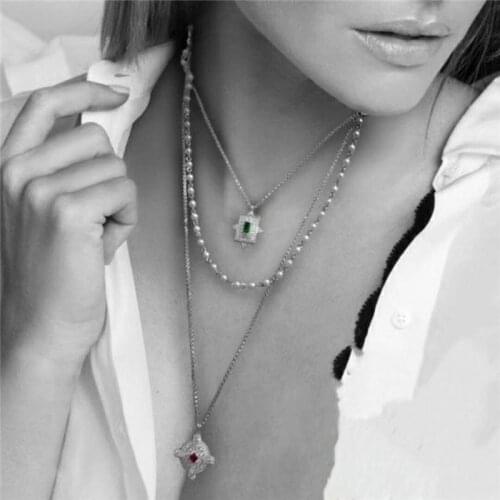 SLJELY Fine Designer 925 Sterling Silver Jewelry Multilayer Chain Necklace Women Cubic Zirconia Vintage Style Geometry Pendant