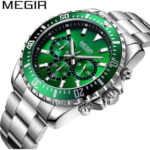 MEGIR Mens Watches Top Luxury Brand Chronograph Male Clock Military Army Sport Full Steel Green Dial Quartz Date Wristwatch 2064