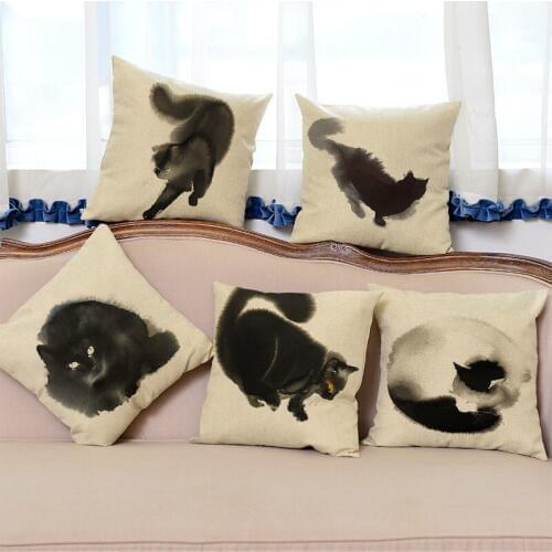 Ink And Wash Style Black White Cat Animal Throw Pillow Case Home Office Pet Store Sofa Chair Decorative Cushion Cover 45x45cm
