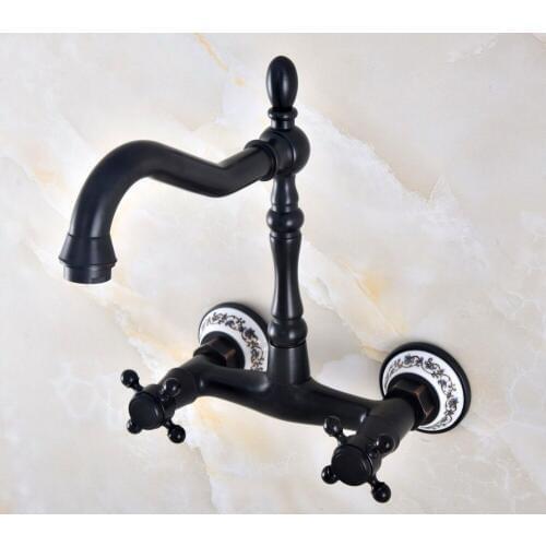 Black Oil Rubbed Bronze Bathroom Kitchen Sink Faucet Mixer Tap Swivel Spout Wall Mounted Double Handles mnf815