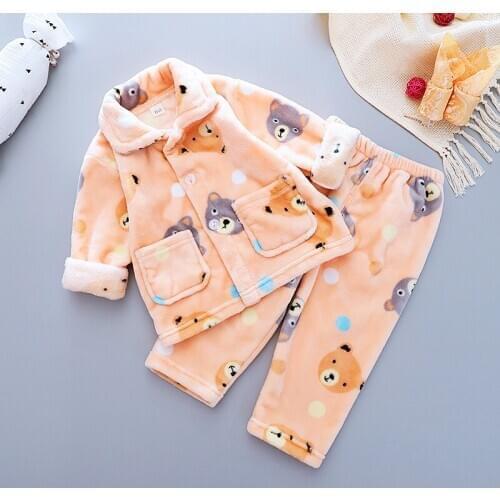 Childrens coral fleece pajamas set autumn and winter thickened warm pajamas boys and girls cartoon home service two-piece suit