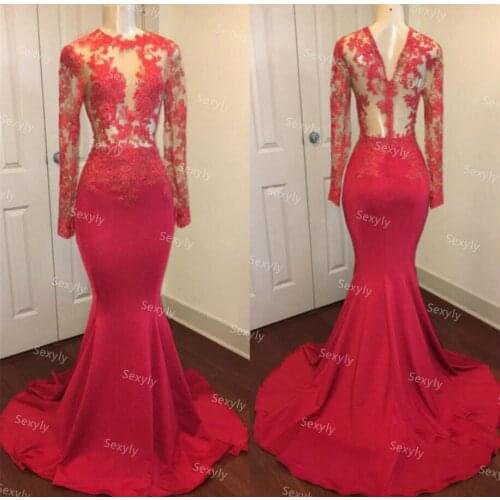Elegant Red Mermaid Long Evening Dresses With Sleeve Sexy See Through Top Lace Backless Prom Dress For Black Girl Gradution Wear