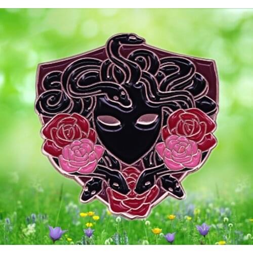 Greek mythology figure pin Medusa head roses badge goddess enamel brooch aesthetic jewelry