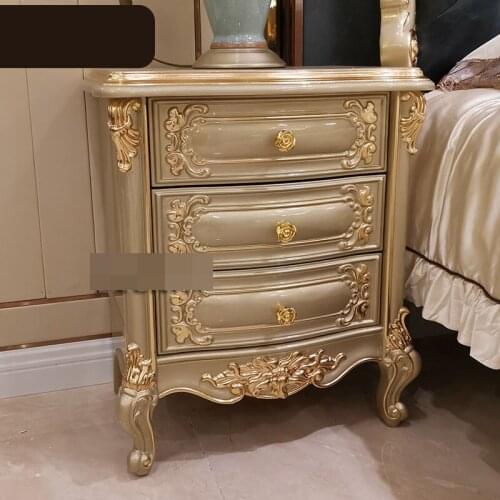 European Luxury Carved Solid Wood Bedside Table High-end Champagne Gold-leafed 3 Drawer Bedside Table