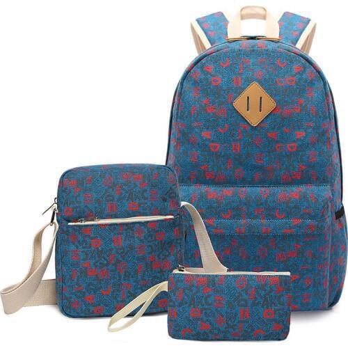 3 Pcs/set letter women backpack canvas printing school bags for teenagers girls backpacks cute schoolbag kids pen pencil case