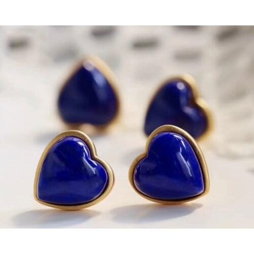 Classic Peach Heart Natural Afghan Lapis Lazuli Stud Earrings S925 Sterling Silver Inlaid Heart-Shaped Earrings Female Elegant N