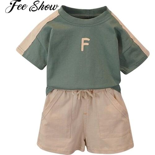 2Pcs Toddler Boys Cotton Summer Suit Round Neck Short Sleeves T-shirt and Elastic Waist Shorts Set for Running Casual Tracksuits