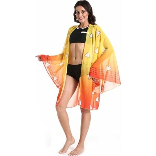 Anime Demon Slayer Kimetsu no Yaiba Agatsuma Zenitsu Cosplay Bikini Beach Swimsuit Set Kimono Cloak Set Bathing Suit