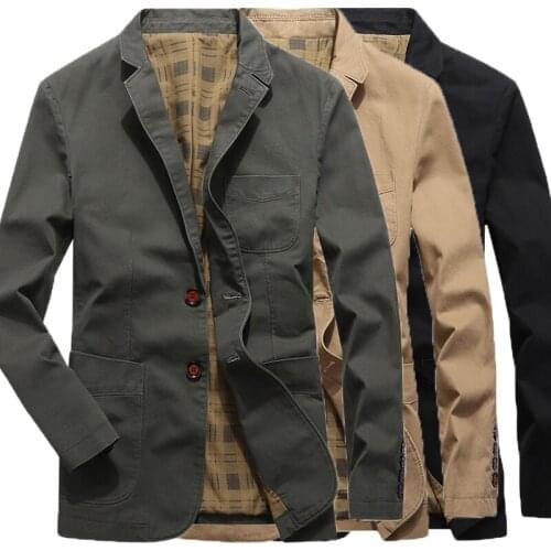 100% Cotton Men Suit Jacket Buttons Pockets Khaki Green Black Casual Street Wear Spring Autumn Male Outwear Slim Fit Man Blazer