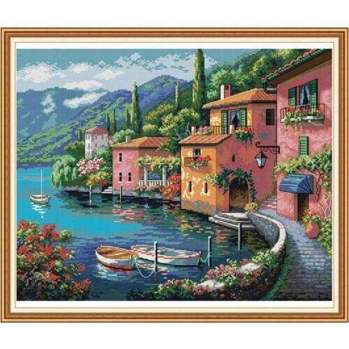 TOP Colorful house by the water printed on the canvas 11CT 14CT DIY kit Cross Stitch embroidery needlework Sets home decor