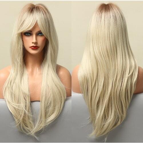 Ombre Light Brown Blonde Synthetic Wig with Side Bang Heat Resistant Fiber Daily Party Hair Cosplay Use Long Wavy Wigs for Women