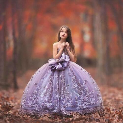 Luxury Flower Girl Dresses with 3D Floral Applique Spaghetti Straps Fashion Fluffy Detachable Bow Ball Gown for Birthday Wedding