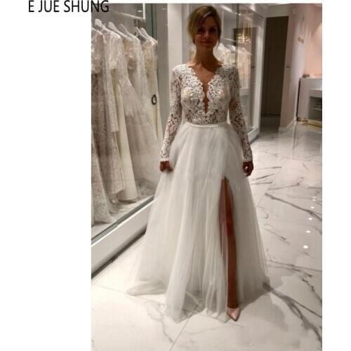 E JUE SHUNG Beach Wedding Dresses V Neck Long Sleeves Backless Lace Appliques High Split Nude Corset Bridal Gowns robe de mariee
