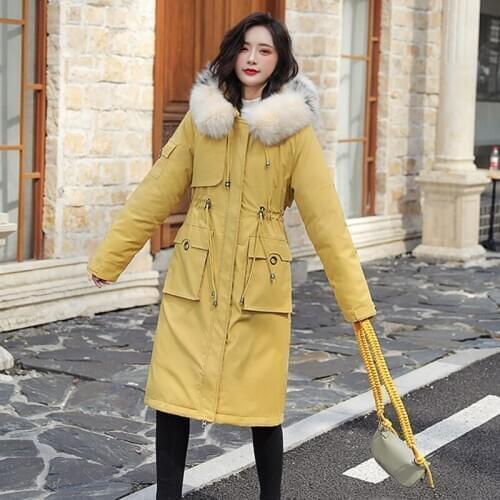 Plush cotton jacket womens mid-length big fur collar 2020 winter new style over-the-knee plush thickened waist cotton coat 29a