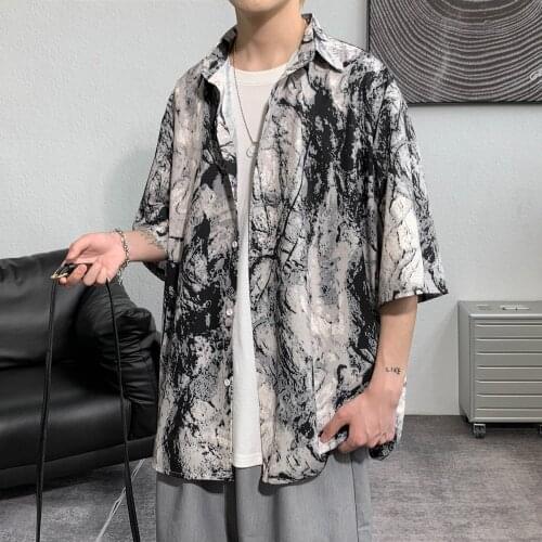 Casual Large Size Shirts for Men and Women Summer 2021 Ice Silk Shirts Half-sleeved Loose Top Shirts Retro Hong Kong Tie-dye Shi
