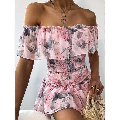Sheinset Y2K Sexy Floral Print Ruffles Off Shoulder Shirring Frill hem Casual Vestidos Mini OTTD Party Dress
