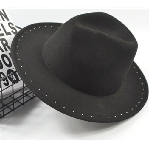 QBHAT Wide Brim Wool Felt Fedora Jazz Hats with Rivet Decor Women Unisex Panama Trilby Cowboy Cap Fashion Sun Visor Caps