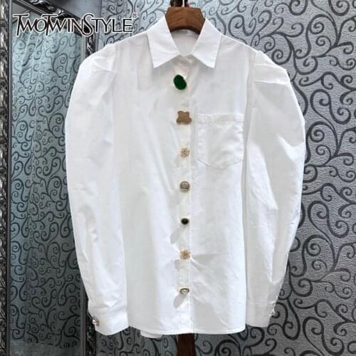 TWOTWINSTYLE Black Casual Blouse For Women Lapel Long Sleeve Patchwork Button Spring Shirt Female New Clothing 2021 Fashionable