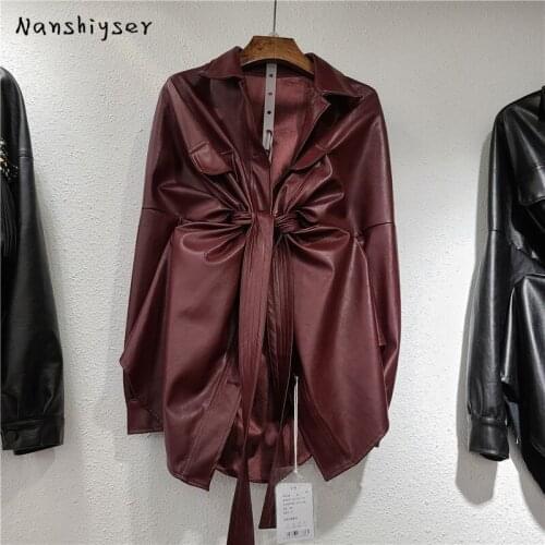 Mid-length Asymmetry Wine Red Faux Leather Jacket With Belt Autumn 2021 Women Loose Oversized Motorcycle Leather Coat Streetwear