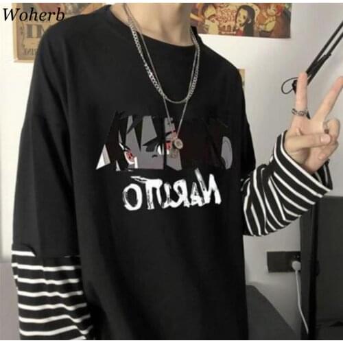 Woherb Harajuku Fake Two Piece T-Shirt Women Hip Hop Streetwear Long Sleeve Cartoon Kawaii Printed Tees Casual Loose O-Neck