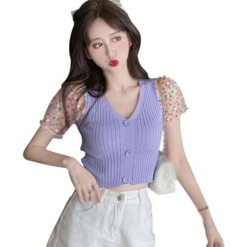 Summer Womens Short-sleeved Tshirt Puff Sleeve V-neck Slim Mesh Stitching Top Tee