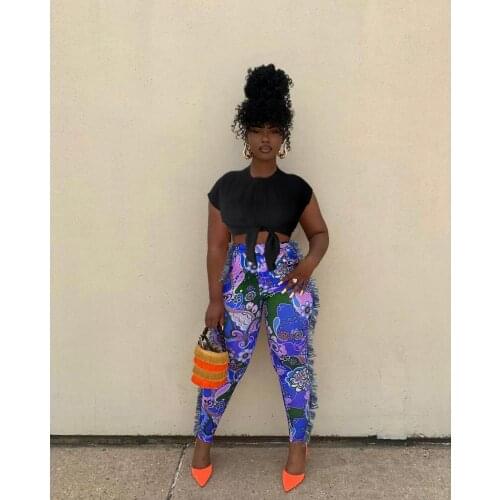 Womens 2021 Autumn Floral Pattern Printing Middle Waist Tight Pencil Pants Blue Red Tassel Long Trousers Fashionable Streetwear