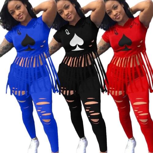 Women Poker Spades Q Print Tassel Tracksuit Solid-color Hooded Crop Tops & Hole Trousers Two Piece Set Plus Size S-XXL Outfits