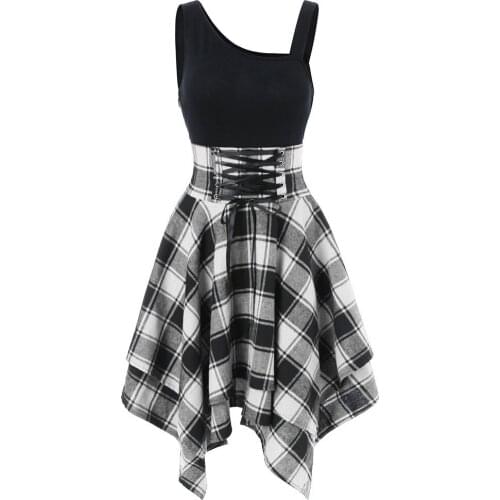 Sexy Shoulder Mini Dress Summer 2021 Elegant Sleeveless Party Cross Lace Up Dress Women Stitching Grid Print Irregular Dress