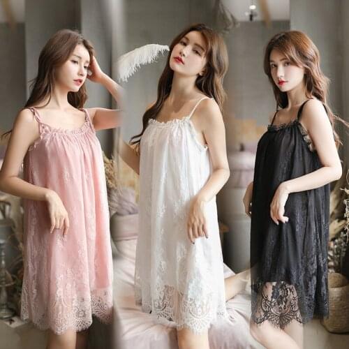 Women Sexy Lace Temptation Sling Dress Female Summer Nightgowns Sleepwear Plus Size See Through Home Dresses Nightdress