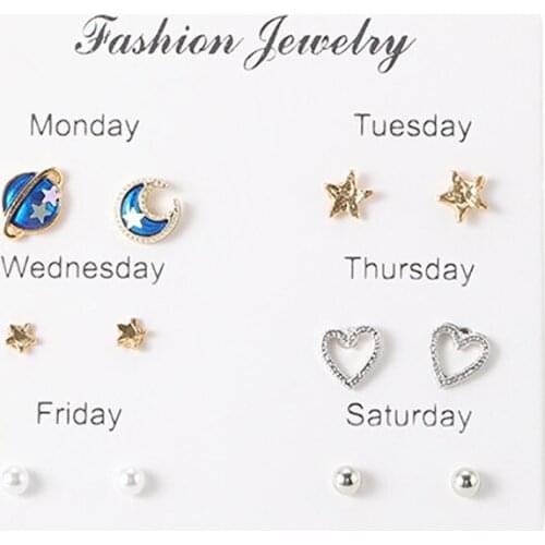 7 pairs of simple travel set earrings temperament fashion earrings small whale planet moon and so on set of earrings серьги 50