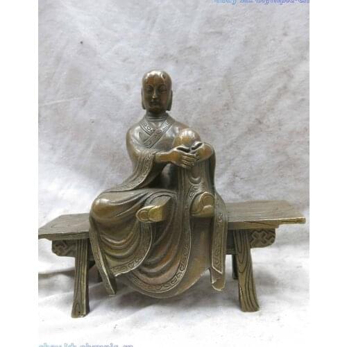 8" China brass copper carved finely wooden bench stool buddha Sculpture Statue